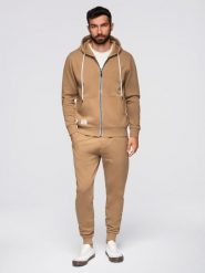 Komplet dresowy męski set bluza rozpinana z kapturem + spodnie joggery - camel V2 - Rozmiar: L. Brązowe bluzy męskie Ombre Clothing, l, z aplikacjami, z bawełny. Za 339.99 zł.