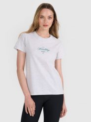 4F T-shirt regular z nadrukiem damski - szary XS. Szare koszulki sportowe damskie 4f, uniwersalny, bez wzorów, z bawełny, bez kołnierzyka, bez ramiączek. W wyprzedaży za 39.99 zł.