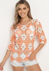 Pomarańczowo-Biała Bluzka Menithe. Brązowe bluzki damskie Born2be, z aplikacjami, z dzianiny, boho, bez kołnierzyka, bez ramiączek. Za 69.99 zł.