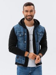 Kurtka męska jeansowa katana z kapturem - niebiesko-czarna. Czarne kurtki męskie Ombre Clothing, l, bez wzorów, z bawełny, klasyczne, z kapturem. W wyprzedaży za 149.99 zł.