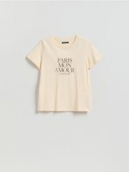 T-shirt z nadrukiem - kremowy. Białe t-shirty damskie Reserved, l, bez wzorów, z bawełny, klasyczne, bez kołnierzyka. Za 45.99 zł.