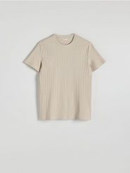 T-shirt regular w prążek - beżowy. Brązowe t-shirty męskie Reserved, l, bez wzorów, z bawełny, bez kołnierzyka. W wyprzedaży za 49.99 zł.