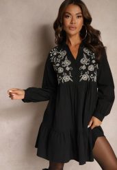 Czarna Sukienka z Bawełny o Rozkloszowanym Kroju Ozdobiona Haftem Rairne. Czarne sukienki dla dziewczynek Renee, bez wzorów, z bawełny, boho, bez ramiączek. Za 89.99 zł.