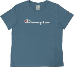 Koszulka treningowa damska Champion SS Tee. Niebieskie koszulki sportowe damskie Champion, s, bez wzorów, z bawełny, bez kołnierzyka, bez ramiączek. Za 69.09 zł.