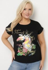 Czarny T-shirt z Bawełny z Nadrukiem i Metalicznym Napisem Norsemi. Czarne bluzki damskie Born2be, xl, bez wzorów, z bawełny, bez kołnierzyka. Za 34.99 zł.
