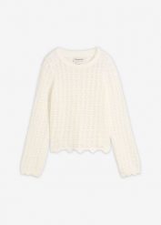 Sweter ażurowy. Białe swetry dla dziewczynek bonprix, w ażurowe wzory, eleganckie, bez kołnierzyka, bez ramiączek, długie, bez kaptura. Za 79.99 zł.