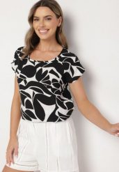 Czarna Wiskozowa Bluzka o Kroju Typu Nietoperz w Kwiatowy Wzór Flemira. Czarne bluzki damskie Born2be, l, bez wzorów, z jeansu, eleganckie, bez kołnierzyka, bez ramiączek. Za 49.99 zł.