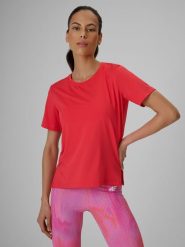 4F Koszulka treningowa loose szybkoschnąca damska - koralowa L. Czerwone koszulki sportowe damskie 4f, l, bez wzorów, z materiału, bez kołnierzyka, bez ramiączek, na fitness i siłownię. Za 79.99 zł.