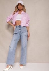 Niebieskie Szerokie Jeansy High Waist z Ozdobnymi Naszywkami Hleffia. Niebieskie jeansy damskie Renee, z podwyższonym stanem. Za 109.99 zł.