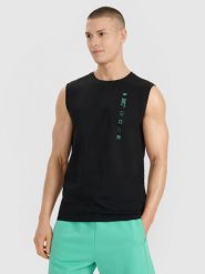 Чоловіча однотонна майка tank top regular - чорний. Koszulki sportowe męskie 4f, m, bez wzorów, z jersey, bez kołnierzyka. Za 649.90 zł.