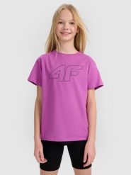 4F T-shirt oversize z nadrukiem dziewczęcy - fioletowy 146 (10-11 lat). Fioletowe t-shirty i topy dla dziewczynek 4f, bez wzorów, z bawełny, bez ramiączek. W wyprzedaży za 29.99 zł.