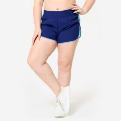 Spodenki fitness damskie Domyos wzór w panterkę. Niebieskie szorty sportowe damskie DOMYOS, l, bez wzorów, z materiału, sportowe, na fitness i siłownię. W wyprzedaży za 24.99 zł.