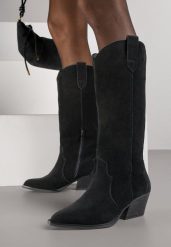 Czarne Kozaki Typu Kowbojki na Stożku z Naturalnego Zamszu Adeora. Czarne kozaki damskie Renee, z jeansu, bez obcasa, na obcasie. Za 299.99 zł.