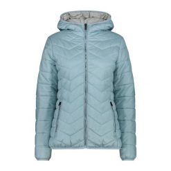 Kurtka puchowa z kapturem damska z diagonalnymi szwami CMP. Niebieskie kurtki sportowe damskie CMP, na zimę, xs, bez wzorów, z puchu, z kapturem, trekkingowe. Za 506.50 zł.