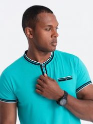 T-shirt męski henley ozdobnymi ściągaczami - turkusowy V7 - Rozmiar: L. Niebieskie t-shirty męskie Ombre Clothing, l, z aplikacjami, z elastanu, casualowe, bez kołnierzyka. W wyprzedaży za 29.99 zł.