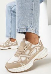 Ciemnobeżowe Sznurowane Sneakersy z Siateczkowymi Wstawkami Hanrietta. Brązowe obuwie sportowe damskie Born2be, bez wzorów, z jeansu. Za 119.99 zł.