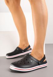 Czarno-Czerwone Klapki z Paskiem Podtrzymującym Piętę Tiaria. Czarne klapki damskie Born2be, bez wzorów, bez obcasa. Za 34.99 zł.