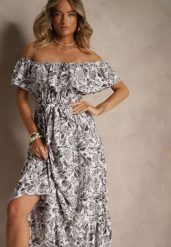 Ciemnoszara Kwiatowa Sukienka Typu Hiszpanka z Bawełną Tiarice. Szare sukienki damskie Renee, na co dzień, na lato, l, bez wzorów, z bawełny, eleganckie, bez kołnierzyka, bez ramiączek, maxi, proste. Za 54.99 zł.
