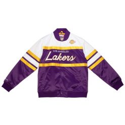 Bluza dresowa zapinana na guziki Los Angeles Lakers. Fioletowe bluzy sportowe męskie Mitchell & Ness, bez wzorów, z dresówki, bez kaptura, do koszykówki. W wyprzedaży za 446.00 zł.