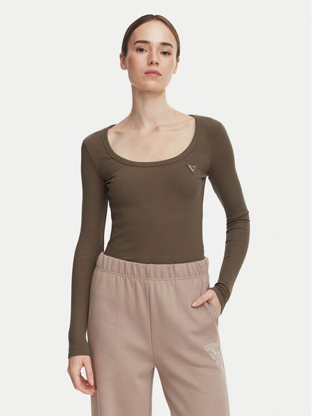 Guess Bluzka V4BP07 K8RT2 Khaki Slim Fit. Brązowe bluzki damskie Guess, xl, z aplikacjami, bez kołnierzyka, bez ramiączek. Za 194.99 zł.