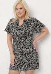 Czarno-Biała Sukienka Rozkloszowana ze Sznurkiem w Talii w Drobny Print Ikattia. Czarne sukienki damskie Born2be, na lato, l, bez wzorów, z materiału, bez kołnierzyka, bez ramiączek, mini, rozkloszowane. Za 44.99 zł.