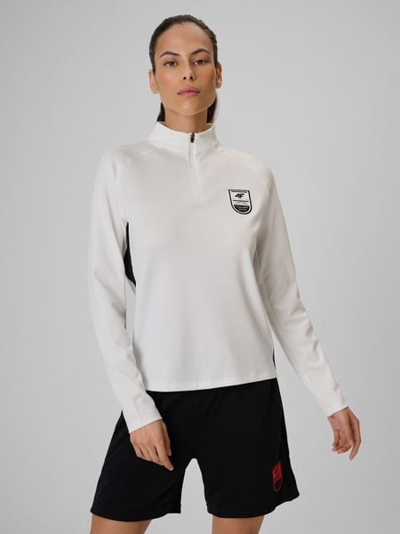4F Bluza piłkarska regular szybkoschnąca damska - biała M. Białe bluzy damskie 4f, m, bez wzorów, bez kaptura, na fitness i siłownię. W wyprzedaży za 79.99 zł.