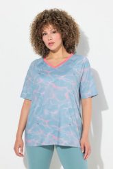 Damskie T-shirt funkcyjny wzór fali dekolt V rękaw 1/2. Zielone t-shirty damskie Ulla Popken, plus size, bez wzorów, z elastanu, klasyczne, bez kołnierzyka. Za 139.99 zł.