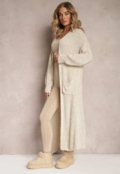 Beżowy Długi Kardigan Oversize Angellona. Brązowe kardigany damskie Renee, bez wzorów, bez kołnierzyka, bez ramiączek, długie, bez kaptura. Za 84.99 zł.