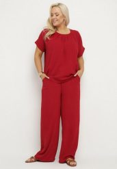 Bordowy Komplet z Bawełną Bluzka z Marszczeniem i Szerokie Spodnie Jenindriela. Czerwone bluzki damskie Born2be, xl, bez wzorów, z bawełny, eleganckie, bez kołnierzyka, bez ramiączek. Za 74.99 zł.