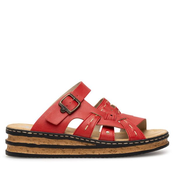 Klapki Rieker. Czerwone klapki damskie Rieker, bez wzorów, bez obcasa. Za 279.99 zł.