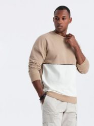 Bluza męska OVERSIZE z kontrastowym łączeniem kolorów - beżowa V2 OM-SSNZ-0130 M. Brązowe bluzy męskie Ombre, m, bez wzorów, bez kaptura. Za 287.44 zł.
