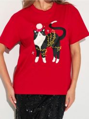 Bawełniana koszulka z motywem świątecznym - czerwony. Czerwone t-shirty damskie Sinsay, l, bez wzorów, z bawełny, wizytowe, bez kołnierzyka. Za 25.99 zł.