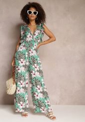 Miętowy Długi Kombinezon Bawełniany w Kwiaty Vegita. Zielone sukienki damskie Renee, na co dzień, na wiosnę, m, bez wzorów, z bawełny, eleganckie, bez kołnierzyka, bez ramiączek, maxi, proste. Za 39.99 zł.