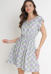 Zielono-Fioletowa Bawełniana Sukienka Mini z Gumką w Talii Caara. Zielone sukienki damskie Born2be, l, bez wzorów, z bawełny, bez kołnierzyka, bez ramiączek, mini. Za 34.99 zł.