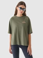 4F T-shirt oversize z nadrukiem damski - oliwkowy/khaki XL. Brązowe koszulki sportowe damskie 4f, xl, bez wzorów, z bawełny, klasyczne, bez kołnierzyka. W wyprzedaży za 29.99 zł.