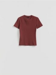 T-shirt w prążek - brązowy. Brązowe t-shirty damskie Reserved, l, bez wzorów, z bawełny, bez kołnierzyka. Za 59.99 zł.