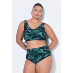 Damskie Top od bikini miękkie miseczki marszczona taśma moro. Zielone topy damskie Ulla Popken, plus size, bez wzorów, z elastanu, bez kołnierzyka, bez ramiączek. W wyprzedaży za 111.99 zł.