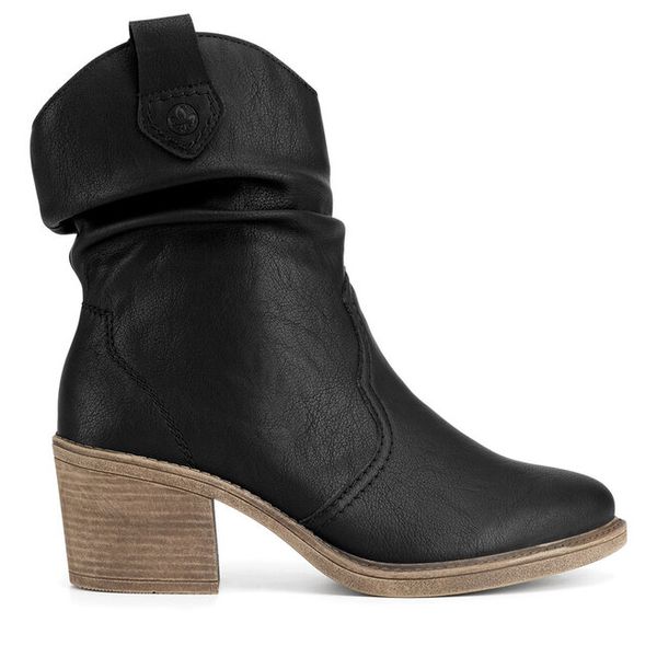 Kowbojki Rieker. Czarne botki damskie Rieker, bez obcasa, na słupku, bez zapięcia. Za 295.99 zł.
