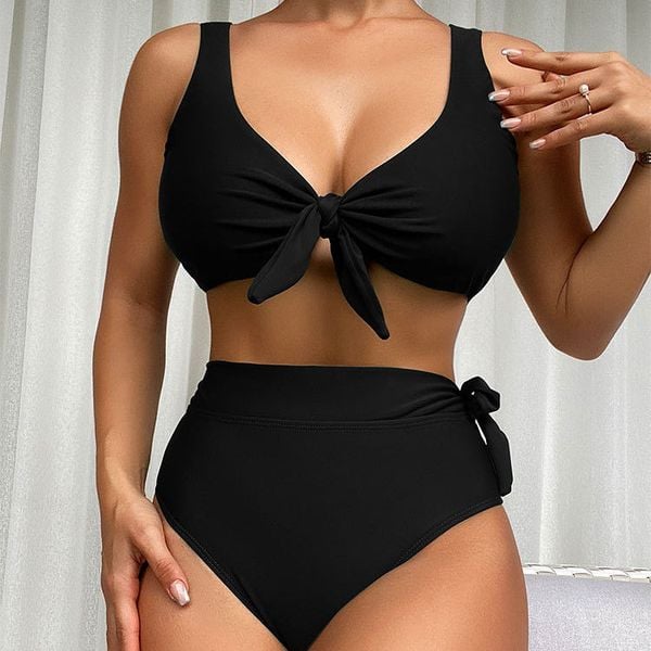 Strój kąpielowy dwuczęściowy z wiązaniem i wysokim stanem na plażę Ibala. Czarne bikini damskie Intica, l, bez wzorów. Za 139.00 zł.