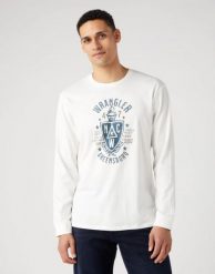 WRANGLER AMERICANA TEE MĘSKA KOSZULKA Z DŁUGIM RĘKAWEM LONGSLEEVE WHISPER WHITE 112341143 W70Q017924. Białe bluzki z długim rękawem męskie Wrangler, m, bez wzorów, bez ramiączek. Za 119.99 zł.