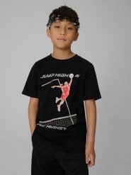 4F T-shirt regular z nadrukiem chłopięcy - czarny 128 (7-8 lat). Czarne t-shirty dla chłopców 4f, bez wzorów, z bawełny, bez ramiączek. Za 49.99 zł.