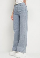 Niebieskie Jeansy z Bawełną Szerokie z Cyrkoniami Iskio. Niebieskie jeansy damskie Born2be. Za 129.99 zł.