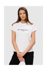 GIVENCHY Biały t-shirt damski z czarnym logo vintage. Białe t-shirty damskie Givenchy, s, bez wzorów, z bawełny, vintage, bez kołnierzyka. W wyprzedaży za 899.99 zł.