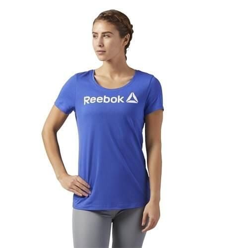 Koszulka treningowa damska Reebok Scoop Neck. Niebieskie koszulki sportowe damskie Reebok, s, bez wzorów, sportowe, bez kołnierzyka. Za 127.00 zł.