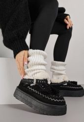 Czarne Śniegowce na Platformie Ozdobione Haftem i Frędzlami Linomis. Czarne śniegowce i trapery damskie Renee, z jeansu. Za 109.99 zł.