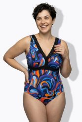 Damskie Strój kąpielowy wzór w fale miękkie miseczki zamek błyskawiczny. Niebieskie kostiumy jednoczęściowe damskie Ulla Popken, plus size, bez wzorów, z elastanu, plus size, do pływania. Za 191.99 zł.