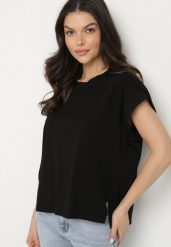 Czarny T-shirt z Bawełny Ozdobiony Rozcięciami przy Rękawach Katirna. Czarne bluzki damskie Born2be, bez wzorów, z bawełny, klasyczne, bez kołnierzyka. Za 64.99 zł.