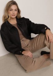 Czarna Kurtka Typu Bomberka Ozdobiona Kołnierzykiem Tellavan. Czarne kurtki damskie Born2be, l, bez wzorów, z jeansu, bez kaptura. Za 189.99 zł.