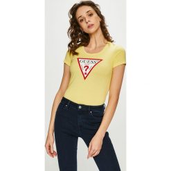 Guess Jeans - Top. Szare topy damskie Guess Jeans, z aplikacjami, z bawełny, z okrągłym kołnierzem, z krótkim rękawem. Za 139.90 zł.
