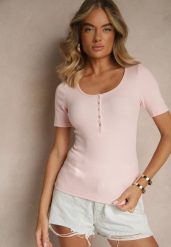 Różowy Bawełniany T-shirt Prążkowany z Guzikami Florvivi. Czerwone bluzki damskie Renee, m, bez wzorów, z bawełny, bez kołnierzyka. Za 59.99 zł.